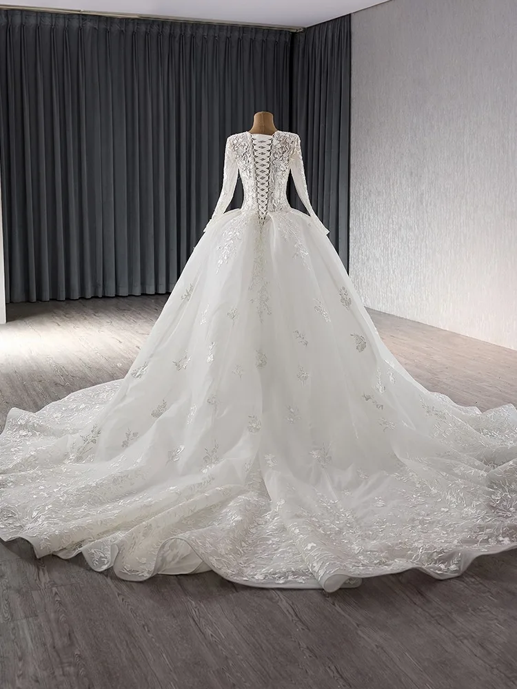 Elegant High-End White Lace Flower Wedding Dresses 2024 Ball Gown V-Neck Long Sleeve