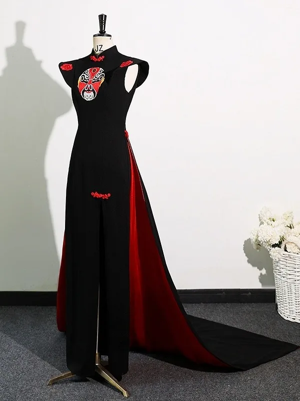 Chinese style Black Evening Party Cheongsam / Qipao 2025 Trumpet / Mermaid High Neck Cap Sleeves Sweep Train