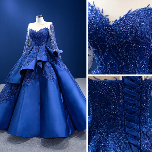 Luxe Bleu Roi Perlage Perle Paillettes En Dentelle Fleur Volants en Cascade Robe De Bal 2022 Robe Boule Encolure Dégagée Manches Longues Longue Promo Robe De Ceremonie