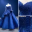 Luxe Bleu Roi Perlage Perle Paillettes En Dentelle Fleur Volants en Cascade Robe De Bal 2022 Robe Boule Encolure Dégagée Manches Longues Longue Promo Robe De Ceremonie
