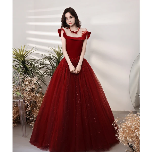 Chic / Belle Bordeaux Paillettes Robe De Bal 2023 Princesse Encolure Dégagée Sans Manches Dos Nu Longue Promo Robe De Ceremonie