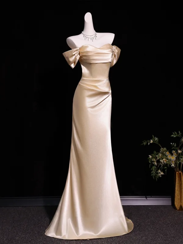 Sexy Evening Dresses Champagne 2026 Trumpet / Mermaid Off-The-Shoulder Short Sleeve Backless Floor-Length / Long Formal Dresses