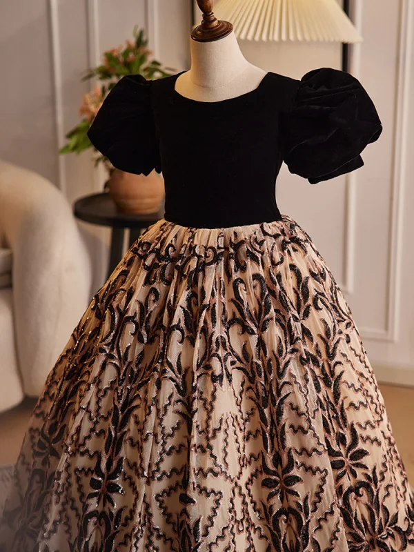 Vintage / Retro Black Printing Birthday Flower Girl Dresses 2024 Ball Gown Scoop Neck Puffy Short Sleeve Backless