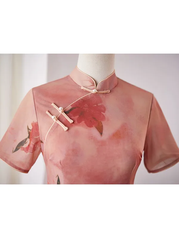 Chinese style Blushing Pink Printing Split Front Cheongsam 2024 Trumpet / Mermaid High Neck Short Sleeve Prom Floor-Length / Long