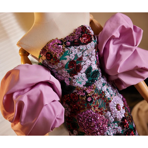 Fantaisie Lilas Paillettes En Dentelle Fleur Robe De Soirée 2024 Trompette / Sirène Bustier Gonflée Manches Courtes Dos Nu Longue Soirée Robe De Ceremonie