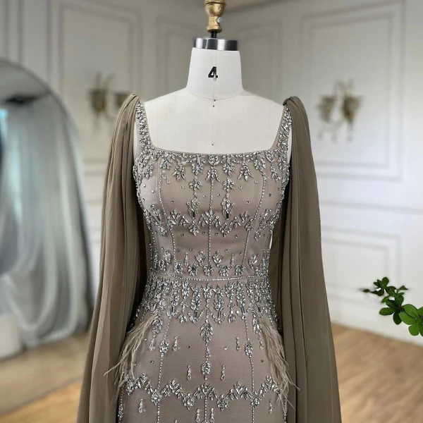 Elegant High-end Coffee Beading Rhinestone Prom Dresses 2024 Empire Square Neckline Sleeveless Backless Tassel Floor-Length / Long Prom Formal Dresses