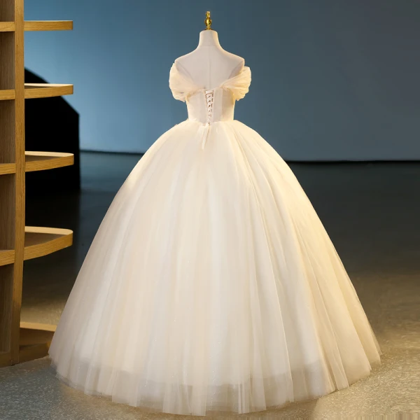 Elegant Champagne Appliques Prom Dresses 2023 Ball Gown Off-The-Shoulder Short Sleeve Backless Floor-Length / Long Prom Formal Dresses