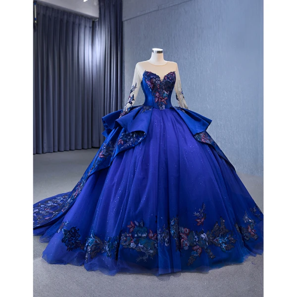 Vintage / Retro High-end Navy Blue Handmade  Beading Sequins Lace Flower Prom Dresses 2023 A-Line / Princess Scoop Neck Long Sleeve Backless Chapel Train