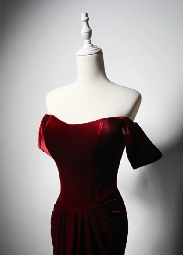 Modest / Simple Burgundy Velvet Evening Dresses 2024 Trumpet / Mermaid Off-The-Shoulder Short Sleeve Backless Floor-Length / Long Evening Party Formal Dresses