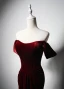Modest / Simple Burgundy Velvet Evening Dresses 2024 Trumpet / Mermaid Off-The-Shoulder Short Sleeve Backless Floor-Length / Long Evening Party Formal Dresses