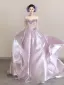 Lovely Blushing Pink Lace Flower Appliques Prom Dresses 2026 Ball Gown Strapless Sleeveless Backless Sweep Train Formal Dresses