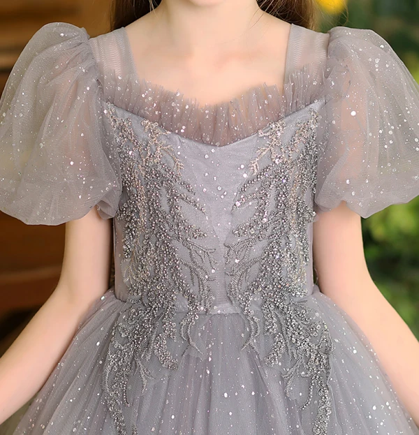 Bling Bling Grey Beading Sequins Birthday Flower Girl Dresses 2024 Ball Gown Square Neckline Puffy Short Sleeve Floor-Length / Long