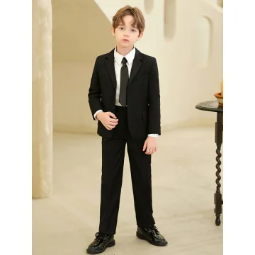 Fashion Black 5 Piece Long Sleeve Boys Wedding Suits 2023 Coat Pants Shirt Tie Vest Wedding