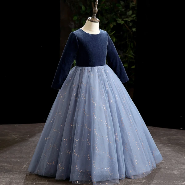 Vintage / Retro Sky Blue Suede Flower Girl Dresses 2022 Ball Gown Scoop Neck Sequins Long Sleeve Floor-Length / Long Prom Flower Girl Dresses