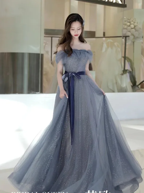 Chic / Beautiful Ocean Blue Glitter Bow Sash Prom Dresses 2025 A-Line / Princess Strapless Sleeveless Backless Floor-Length / Long Prom Formal Dresses
