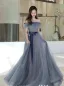 Chic / Beautiful Ocean Blue Glitter Bow Sash Prom Dresses 2025 A-Line / Princess Strapless Sleeveless Backless Floor-Length / Long Prom Formal Dresses
