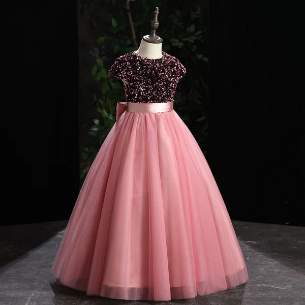 Lovely Candy Pink Sequins Birthday Flower Girl Dresses Ball Gown 2022 Scoop Neck Sash Bow Sleeveless Floor-Length / Long Flower Girl Dresses