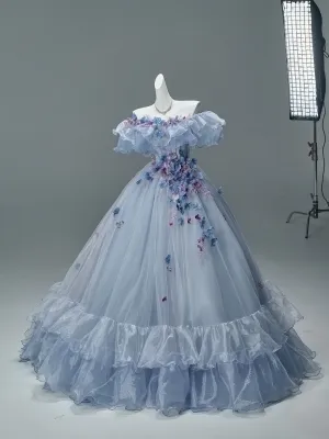 Élégant Bleu Ciel Appliques Robe De Bal 2026 Robe Boule De L Épaule Manches Courtes Dos Nu Longue Robe De Ceremonie