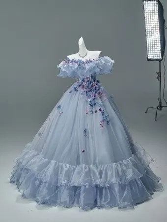 Elegant Sky Blue Appliques Prom Dresses 2026 Ball Gown Off The Shoulder Short Sleeve Backless Floor Length Long Formal Dresses