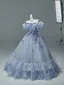 Elegant Sky Blue Appliques Prom Dresses 2026 Ball Gown Off-The-Shoulder Short Sleeve Backless Floor-Length / Long Formal Dresses