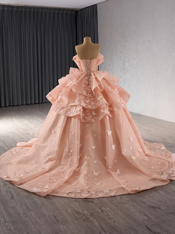 Fashion Luxury / Gorgeous Orange Butterfly Appliques Cascading Ruffles Prom Dresses 2024 Ball Gown Strapless Sleeveless Backless Chapel Train Prom Formal Dresses