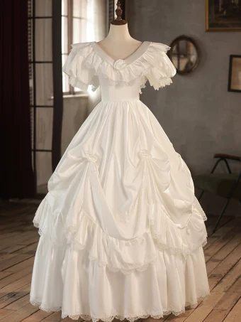 Vintage Originale Ivoire En Dentelle Satin Robe De Mariée 2024 Robe Boule V Cou Gonflée Manches Courtes Dos Nu Longue Mariage