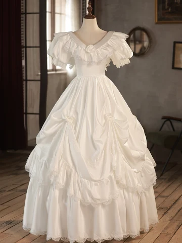 Vintage Marfil Con Encaje Satén Vestidos De Novia 2024 Ball Gown V Cuello Hinchado Manga Corta Sin Espalda Largos Boda