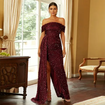 Sparkly Sexy Burgundy Sequins Evening Dresses 2022 Trumpet Mermaid Off The Shoulder Short Sleeve Backless Split Front Floor Length Long Evening Party Formal Dresses
