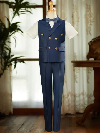 Navy Blue 4 Piece Short Sleeve Boys Wedding Suits 2025 Pants Shirt Tie Vest