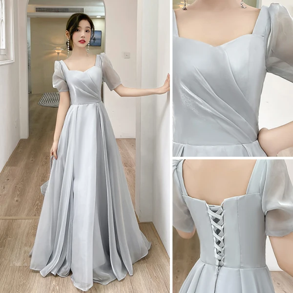 Simple Gris Robe Demoiselle D'honneur 2022 Princesse Manches Courtes Dos Nu Longue Demoiselle D'honneur Robe De Ceremonie