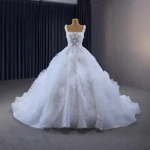 Luxus Herrlich Weiß Perlenstickerei Perle Pailletten Plissee Brautkleider Hochzeitskleider 2023 Ballkleid Eckiger Ausschnitt Ärmellos Rückenfreies Königliche Schleppe Hochzeit