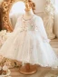 Chic / Beautiful White Rhinestone Printing Birthday Flower Girl Dresses 2023 A-Line / Princess Square Neckline Bow Long Sleeve Short
