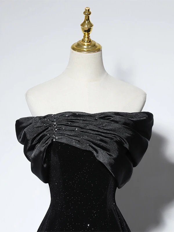 Elegante Schwarz Glanz Ballkleider 2024 A Linie Off Shoulder Ärmellos Rückenfreies Lange Ball Festliche Kleider