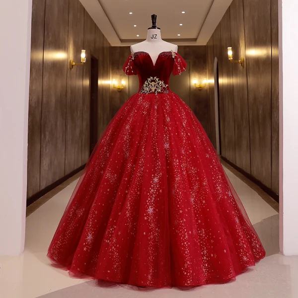 Chic / Beautiful Red Star Sequins Suede Prom Dresses 2022 Ball Gown Off-The-Shoulder Short Sleeve Backless Beading Floor-Length / Long Formal Dresses