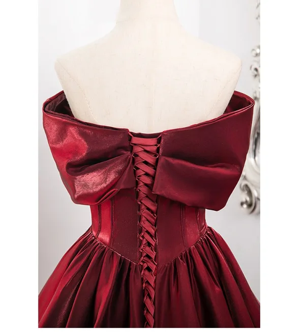 Chic / Beautiful Burgundy Satin Prom Dresses 2024 Ball Gown Off-The-Shoulder Sleeveless Backless Floor-Length / Long Prom Formal Dresses