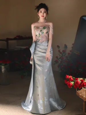 Charming Grey Beading Sequins Lace Flower Prom Dresses 2024 Trumpet Mermaid Off The Shoulder Sleeveless Backless Bow Floor Length Long Prom Formal Dresses