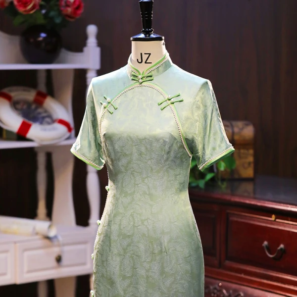 Chinese style Sage Green Pearl Printing Silk Prom Cheongsam 2024 Trumpet / Mermaid High Neck Short Sleeve Tea-length