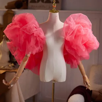 Lovely Candy Pink Evening Party Puffy Short Sleeve Shawl 2026 Tulle