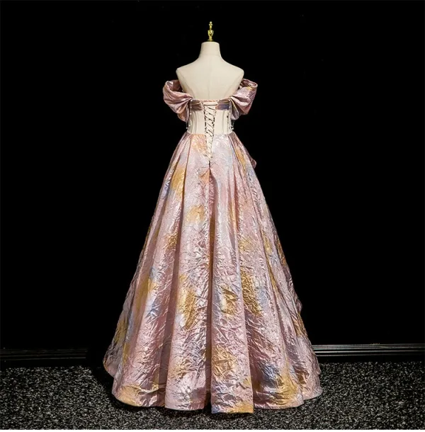Fashion Blushing Pink Beading Prom Dresses 2025 A-Line / Princess Off-The-Shoulder Short Sleeve Backless Floor-Length / Long Formal Dresses