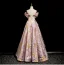 Fashion Blushing Pink Beading Prom Dresses 2025 A-Line / Princess Off-The-Shoulder Short Sleeve Backless Floor-Length / Long Formal Dresses