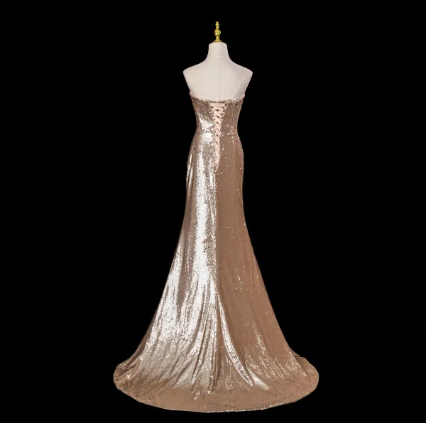 Scintillantes Sexy Doré Paillettes Robe De Soirée 2025 Trompette / Sirène Bustier Sans Manches Dos Nu Train De Balayage Soirée Robe De Ceremonie