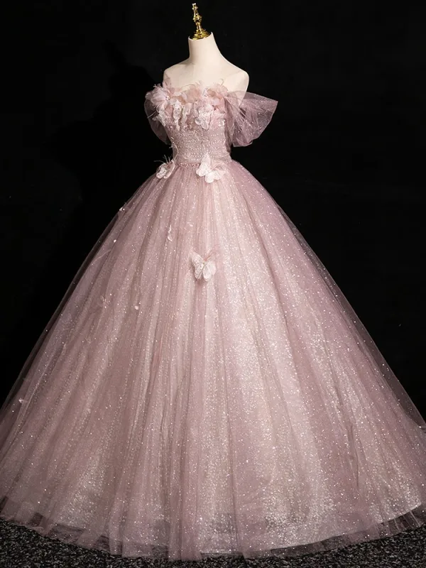 Elegant Blushing Pink Butterfly Appliques Sequins Prom Dresses 2024 Ball Gown Off-The-Shoulder Sleeveless Backless Floor-Length / Long Prom Formal Dresses
