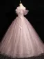 Elegant Blushing Pink Butterfly Appliques Sequins Prom Dresses 2024 Ball Gown Off-The-Shoulder Sleeveless Backless Floor-Length / Long Prom Formal Dresses