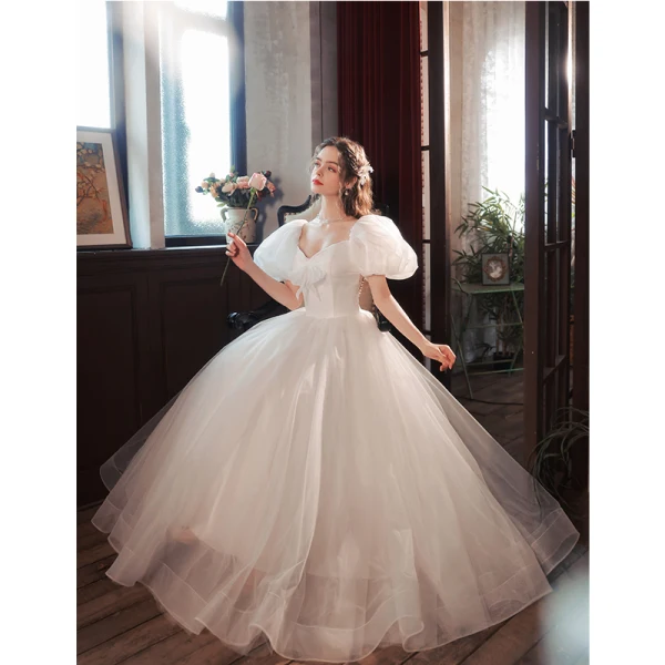 Illusion White Prom Dresses 2022 A-Line / Princess Square Neckline Bow Puffy Short Sleeve Backless Floor-Length / Long Prom Formal Dresses