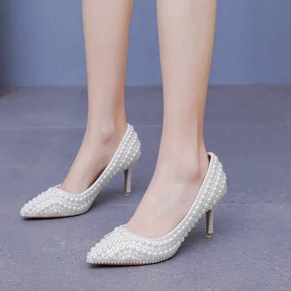 Elegante Abrikoos / Beige Parel Huwelijk Pumps Hoge Hakken 2025 7 cm Naaldhakken / Stiletto Spitse Neus Bruidsschoenen