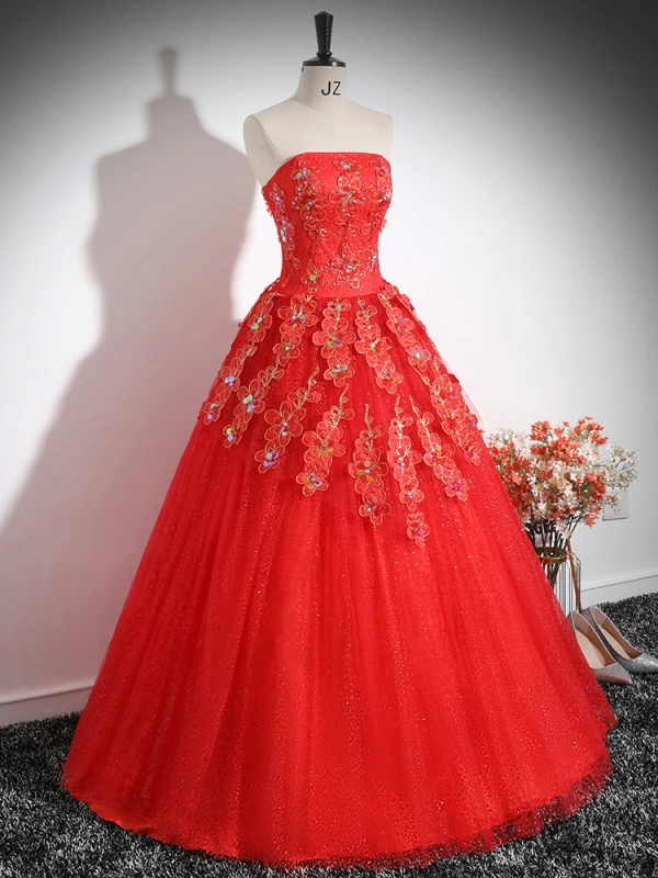 Chic / Beautiful Red Flower Sequins Prom Dresses 2024 Ball Gown Strapless Sleeveless Backless Floor-Length / Long Prom Formal Dresses