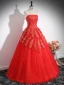 Chic / Beautiful Red Flower Sequins Prom Dresses 2024 Ball Gown Strapless Sleeveless Backless Floor-Length / Long Prom Formal Dresses