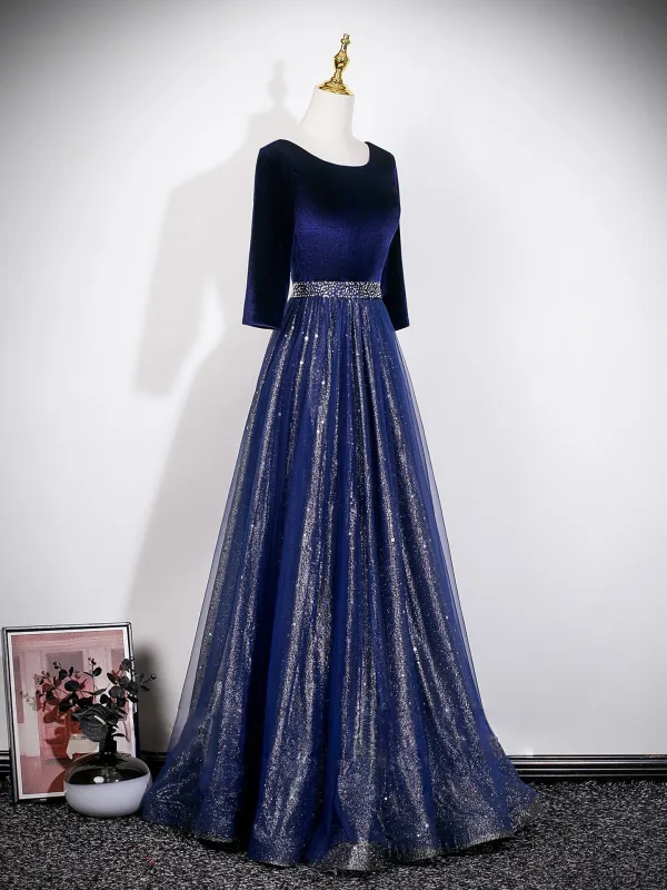 Vintage / Retro Ocean Blue Sequins Prom Dresses 2026 A-Line / Princess Square Neckline 3/4 Sleeve Backless Tulle