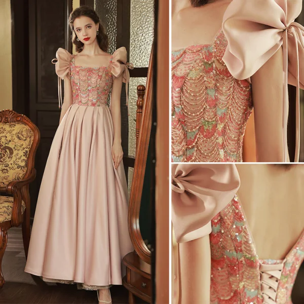 Élégant Rougissant Rose Perlage Paillettes Robe De Bal 2023 Princesse Encolure Carrée Noeud Manches Courtes Dos Nu Longue Promo Robe De Ceremonie
