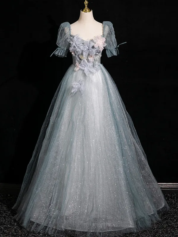 Bling Bling Sky Blue Sequins Appliques Prom Dresses 2024 Ball Gown Square Neckline Short Sleeve Backless Floor-Length / Long Prom Formal Dresses